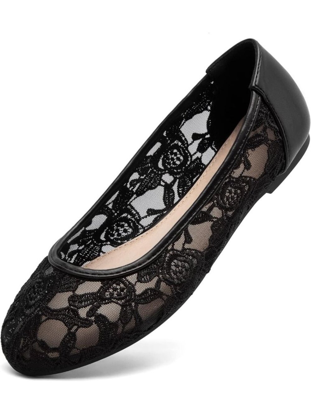 Comfortable Floral Lace Ballet Flats for Women - Round Toe Slip-On Casual Shoes